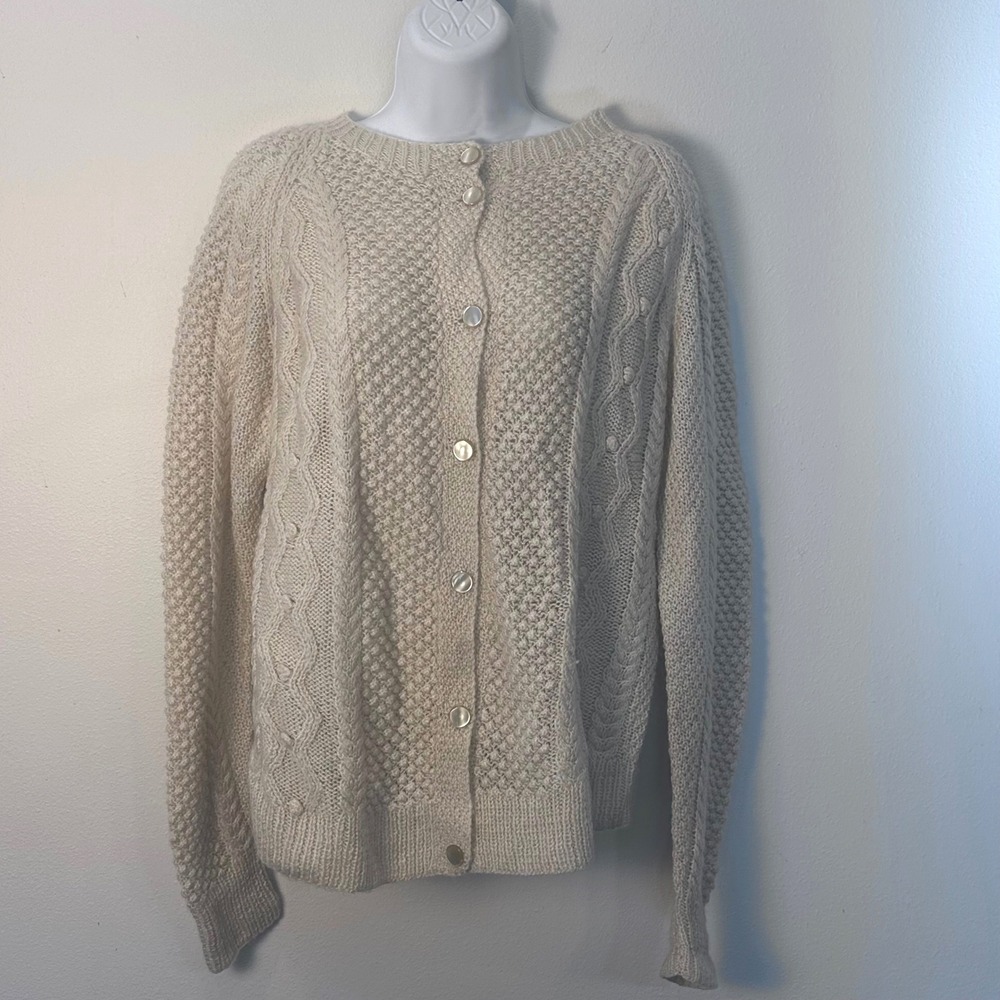 Vintage‎ Womens Cream Cable Knit Button Up Cardigan Sweater Textured Knitwear